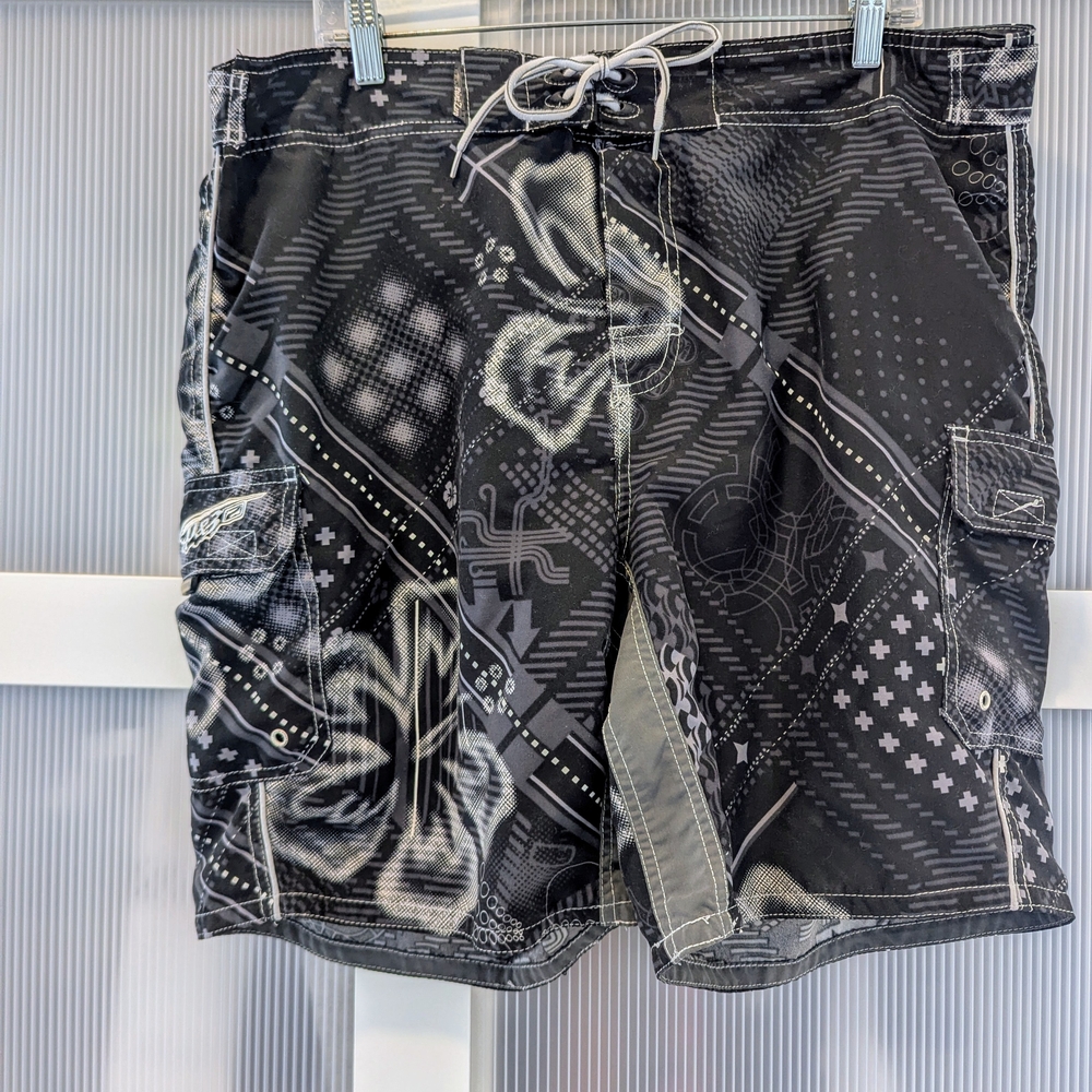 Point Zero Black and Gray Patterned Board Shorts